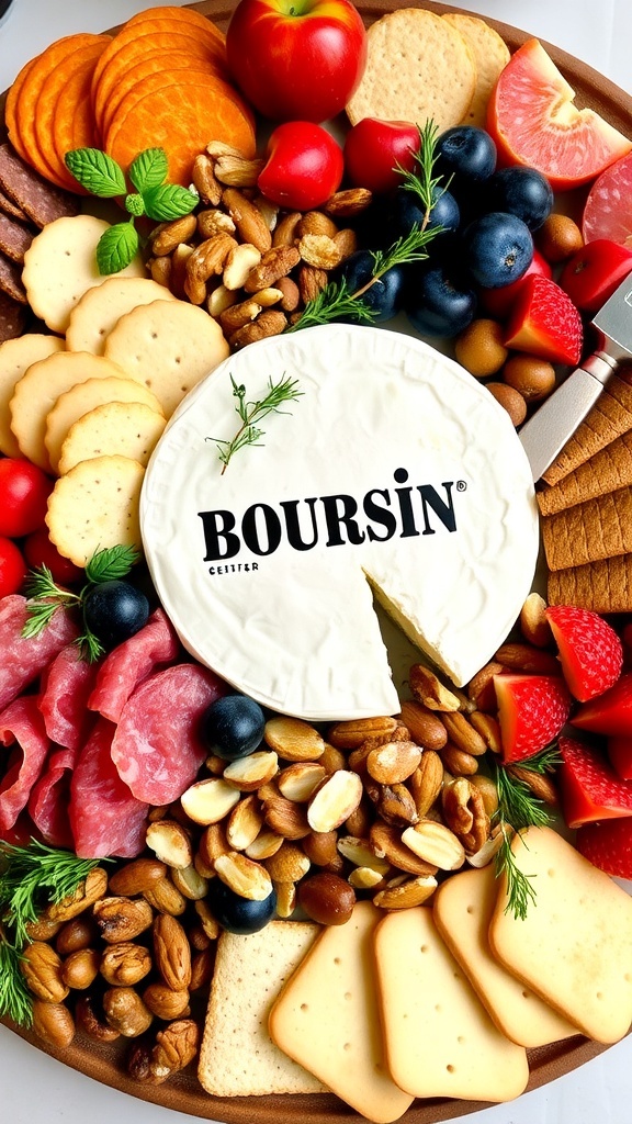 Festive Boursin Cheese Charcuterie Board A festive charcuterie board with Boursin cheese, cured meats, fruits, crackers, and nuts, garnished with herbs.